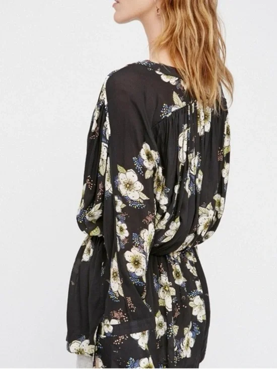 Free People Tuscan Dreams Tunic Dress M Black Floral Boho Mini Festival Flowy - Picture 3 of 10